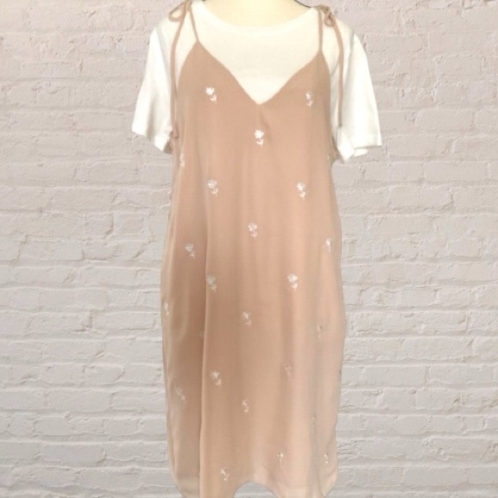 English Factory peach chiffon white Floral Embroidered 2 piece Slip Dress Size L